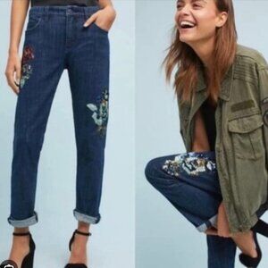 EUC - Pilcro and the Letterpress Blue Boyfriend Jeans with Floral Embroidery